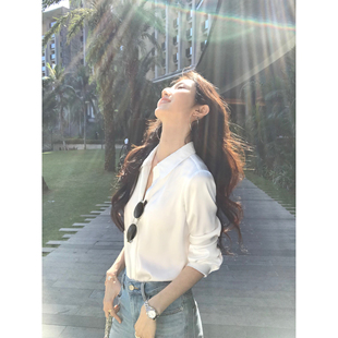 MULVAN 轻奢优雅 高级感缎面翻领长袖衬衫女宽松休闲通勤紫色衬衣