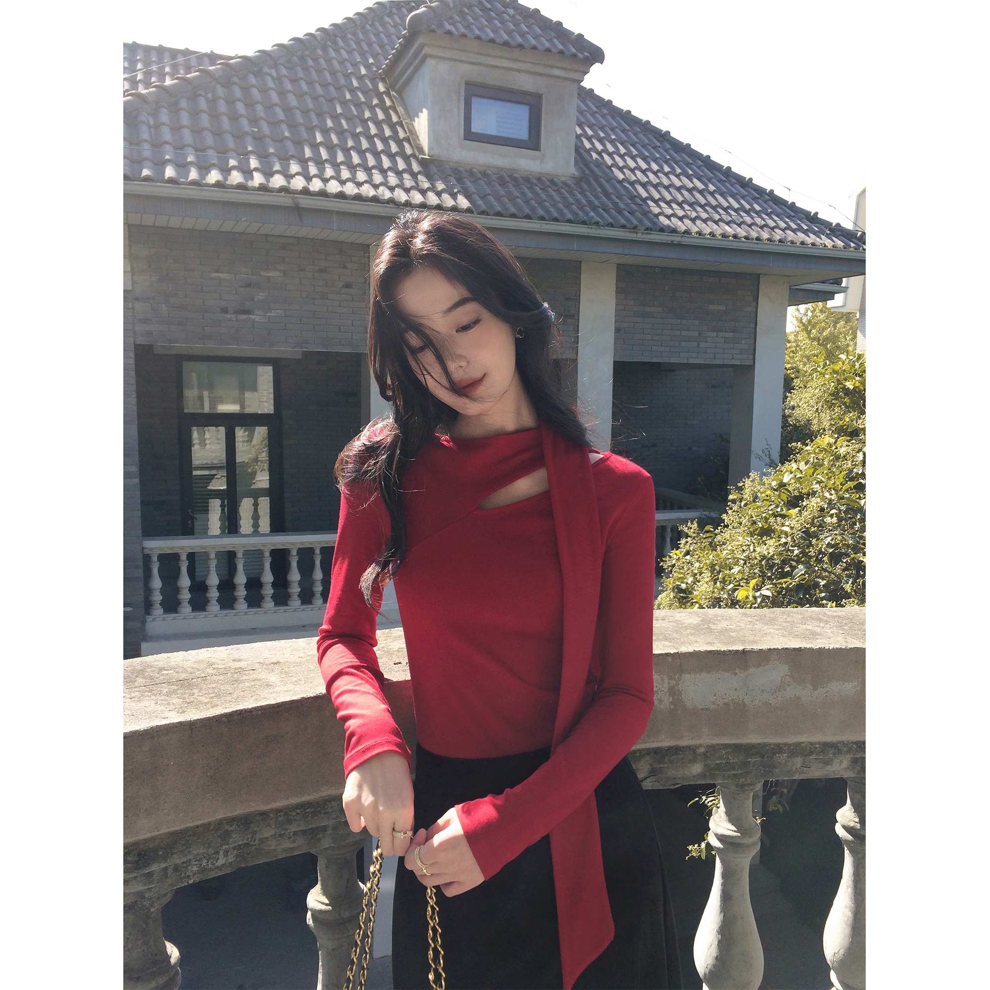 飘带斜领长袖t恤修身内搭打底衫