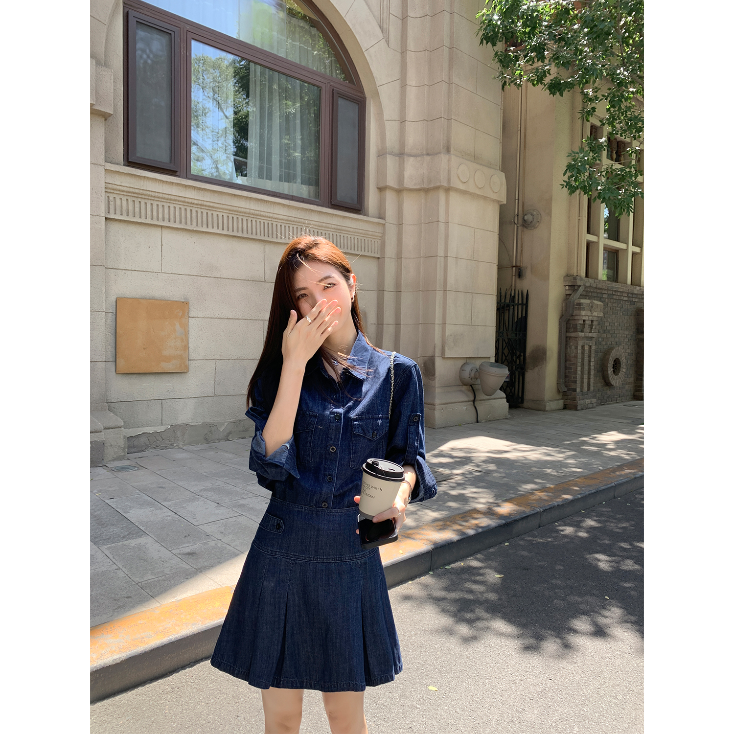 MULVAN 蓝色复古长袖牛仔衬衫女2023新款a字半身裙防走光短裙套装