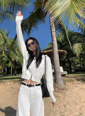 MULVAN【现货7折】白色连帽毛衣开衫女短款宽松休闲百搭针织上衣