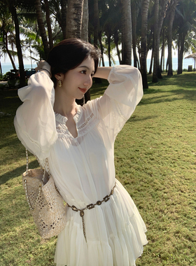 MULVAN 罗马假日 法式约会白色连衣裙女宽松度假风海边短款衬衫裙