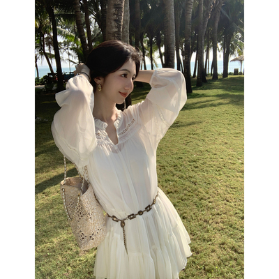 MULVAN 罗马假日 法式约会白色连衣裙女宽松度假风海边短款衬衫裙