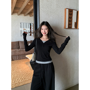 T恤女春秋修身 连帽假两件撞色长袖 休闲上衣 现货7折 MULVAN