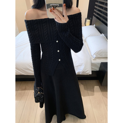 下摆开叉毛针织衫收腰一字领毛衣