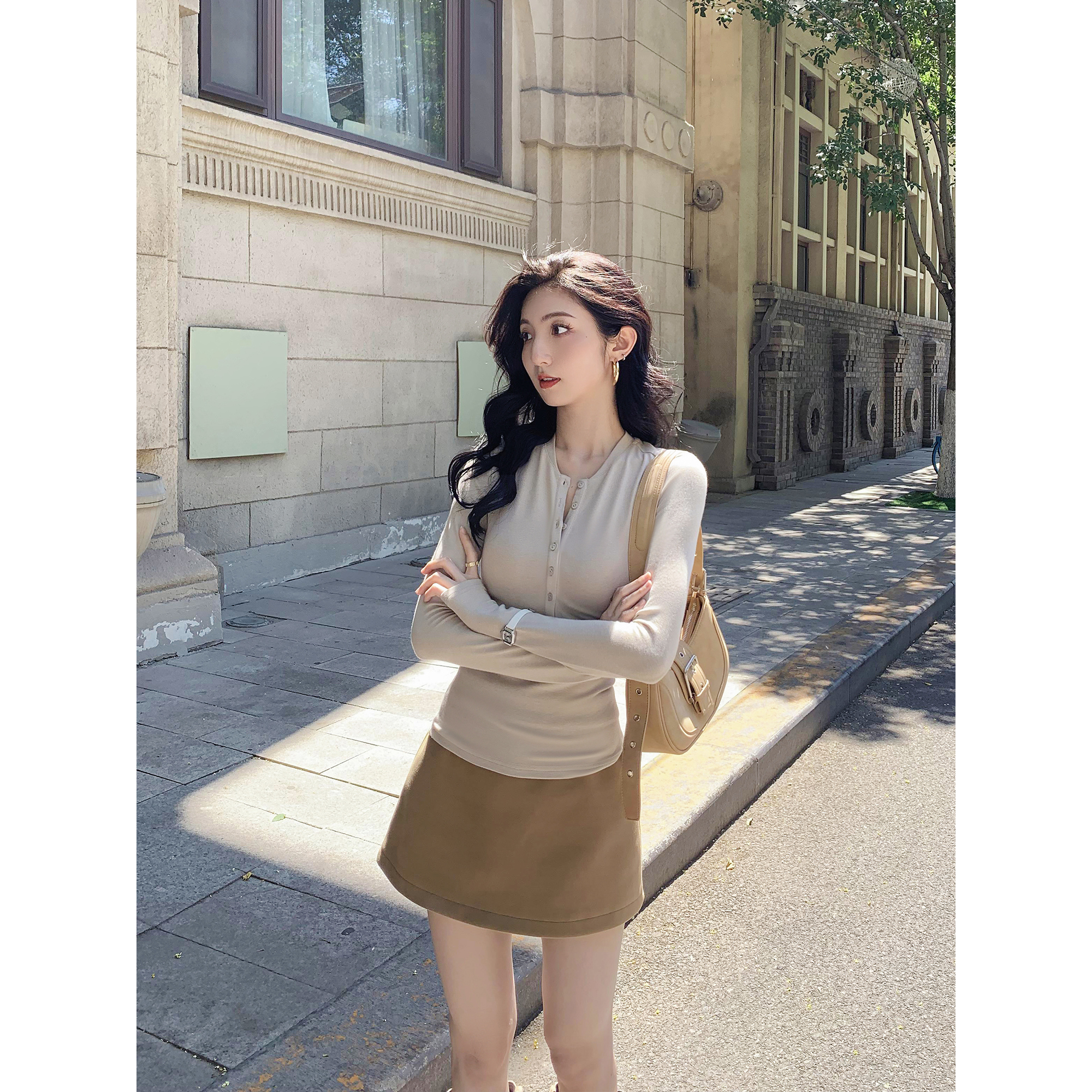 MULVAN半开领针织衫女修身长袖t恤秋新款内搭打底衫别致上衣