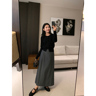 MULVAN 裙長裙子 灰色半身裙女秋冬設計感不規則后開叉高腰a字西裝