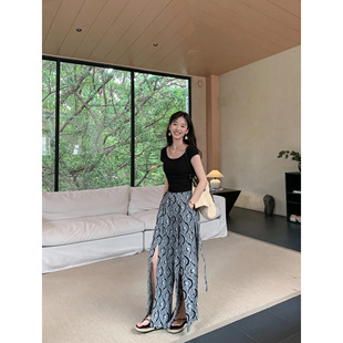 防晒长裤 MULVAN度假风开叉休闲裤 薄款 拖地裤 女高腰垂感宽松阔腿裤