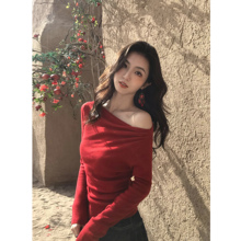 MULVAN 强推 超赞版型 ！一字肩上衣女修身长袖高级感露肩针织衫