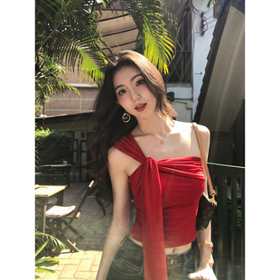 MULVAN 设计感单肩吊带背心女外穿抹胸修身 短款 露肩上衣 私藏时差