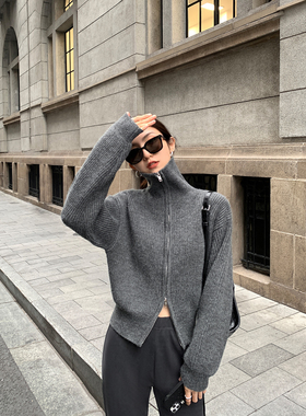 MULVAN 翻领拉链毛衣外套女冬季新款百搭高领慵懒风针织开衫