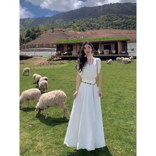 MULVAN 椰蓉奶油 温柔白色高腰半身裙女气质度假风垂感大摆长裙