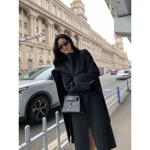 MULVAN 灰色羊毛双面呢子大衣女秋冬双排扣毛呢外套 现货7折