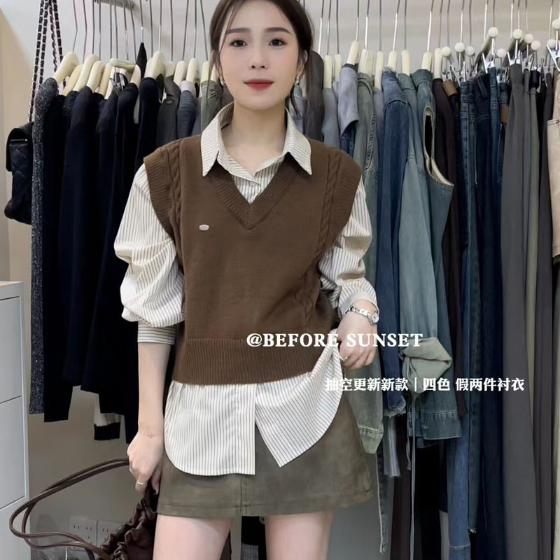特价清仓 早春条纹衬衫+针织毛衣背心马甲假两件套上衣女长袖宽松