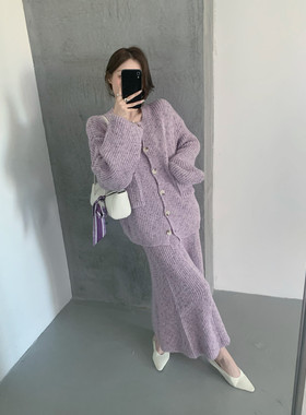 温婉优雅【grapestone 葡萄籽】针织开衫+小女人紫色长鱼尾裙套装