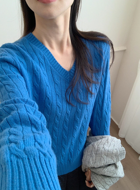 气质高雅【芭妮Bonnet】韩系简约麻花v领羊毛针织衫女含100%羊毛