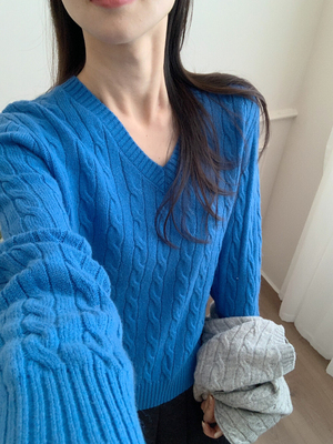 气质高雅【芭妮Bonnet】韩系简约麻花v领羊毛针织衫女含100%羊毛