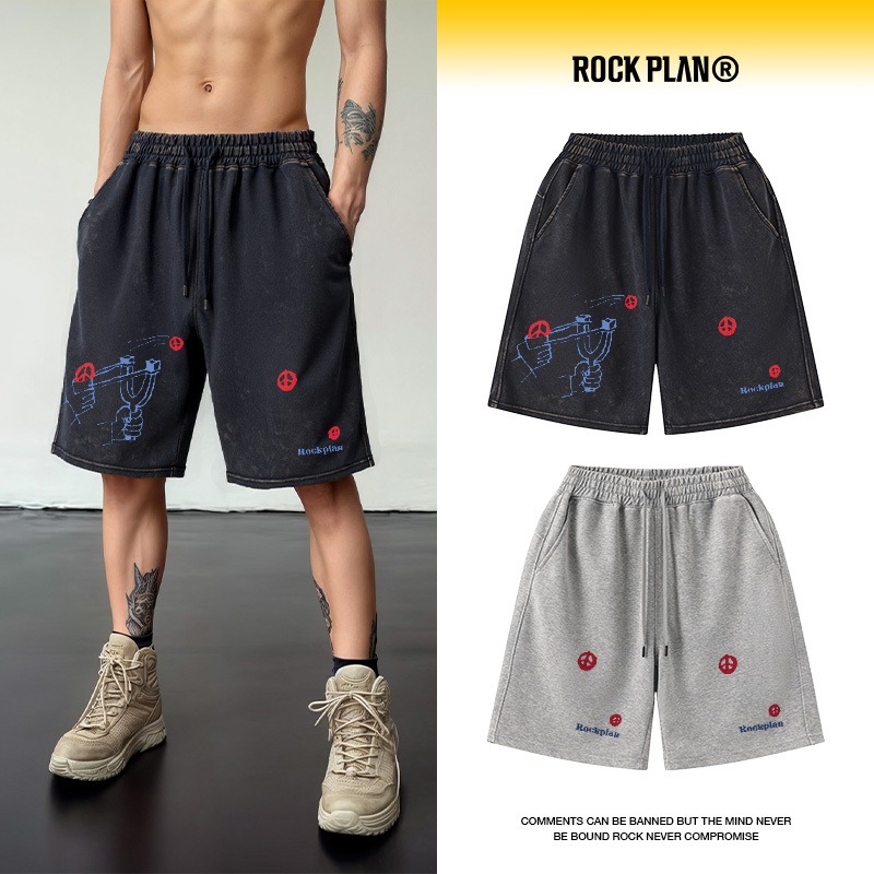 摇滚计划和平弹弓印花短裤美式篮球运动裤夏季宽松男女同款五分裤