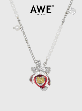 AWE新年穿搭红色爱心毛衣项链女