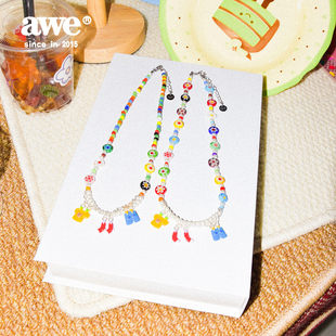 AWE创意吊坠彩色琉璃串珠项链张杰汪苏泷同款 多巴胺穿搭锁骨链女