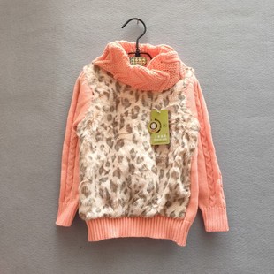 清仓冬款暖和划算正面双层绒豹纹图案中小童女童儿童翻领毛衣童装