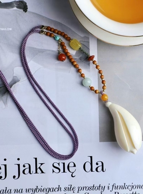 天然猛犸象牙吊坠牙雕饰品白玉兰花女士挂坠毛衣链手工