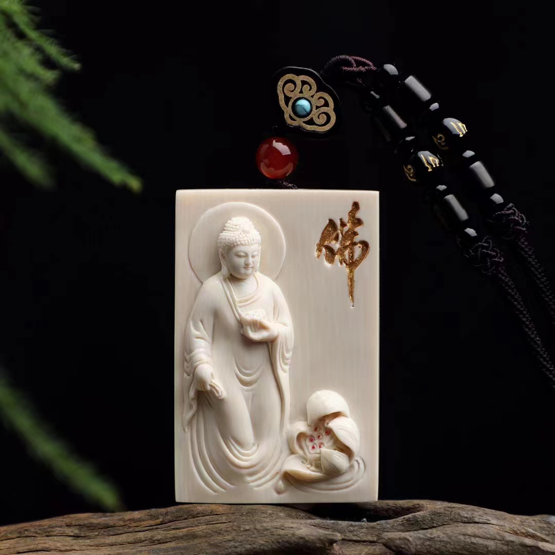 天然猛犸象牙牌子挂件吊坠古将手工雕刻花开见佛
