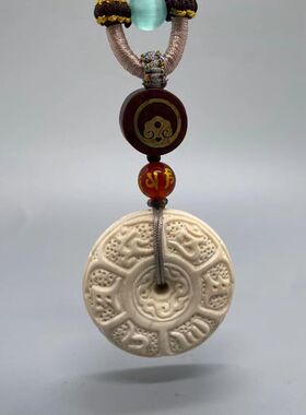 天然猛犸象牙雕刻六字真言面包圈吊坠挂件