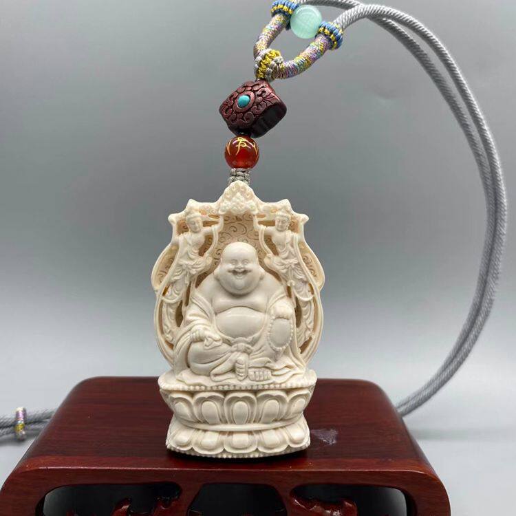 天然猛犸象牙弥勒佛牌子挂件古将飞天系列