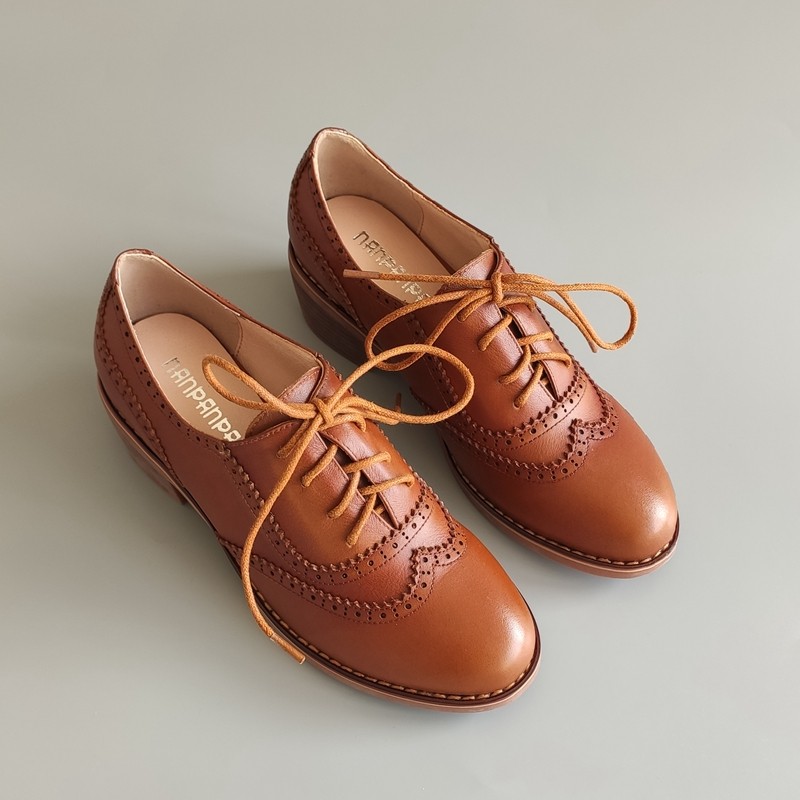 秋冬新款真牛皮英伦学院风小皮鞋复古布洛克圆头中粗跟深口女单鞋,女鞋,深口单鞋,淘宝优惠券,粉丝福利购,淘宝优惠卷