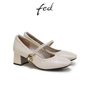新款 春季 女鞋 白色小皮鞋 女FAS779 fed法式 褶皱玛丽珍鞋 单鞋