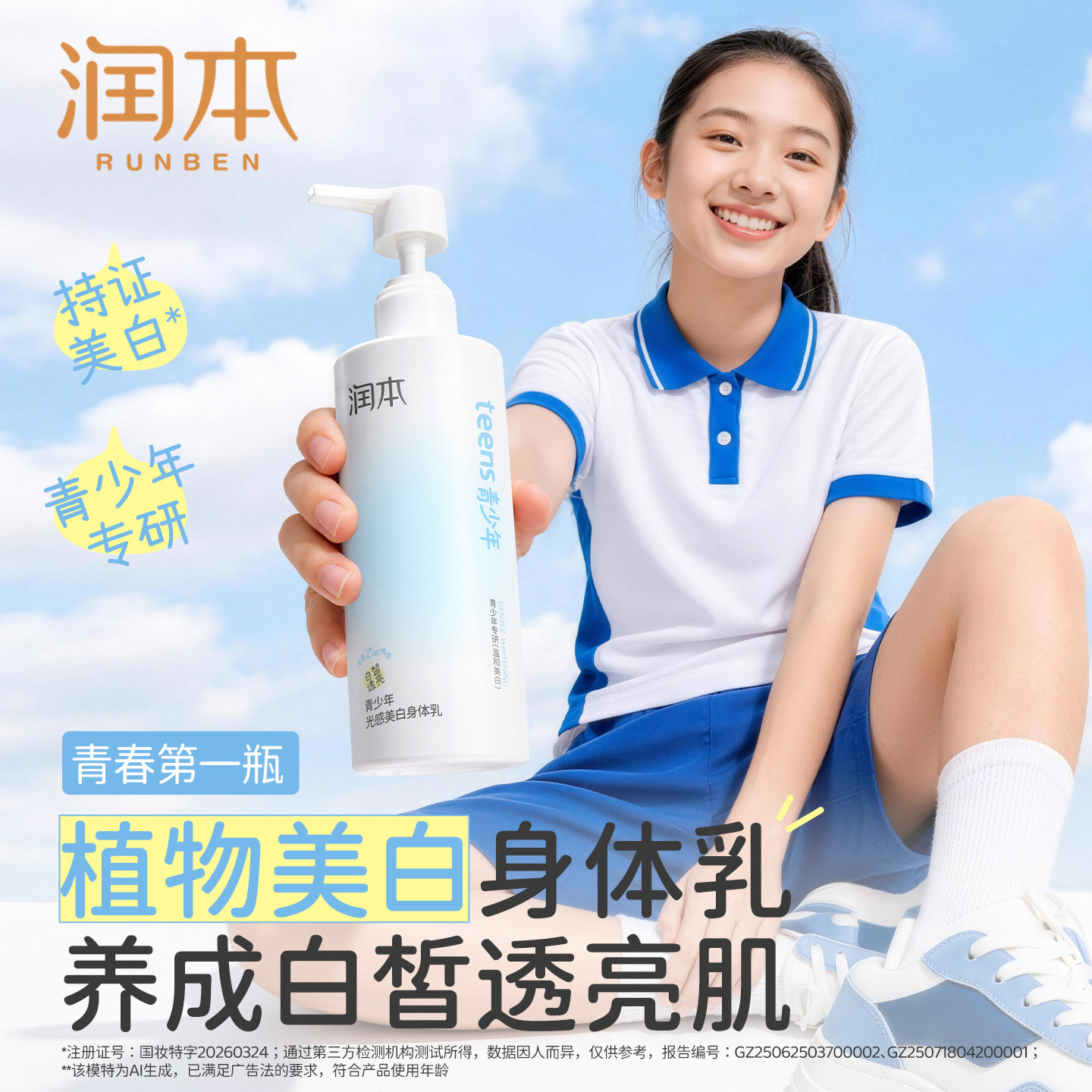 润本青少年光感美白身体乳保湿补水润肤霜烟酰胺温和留香持久男女