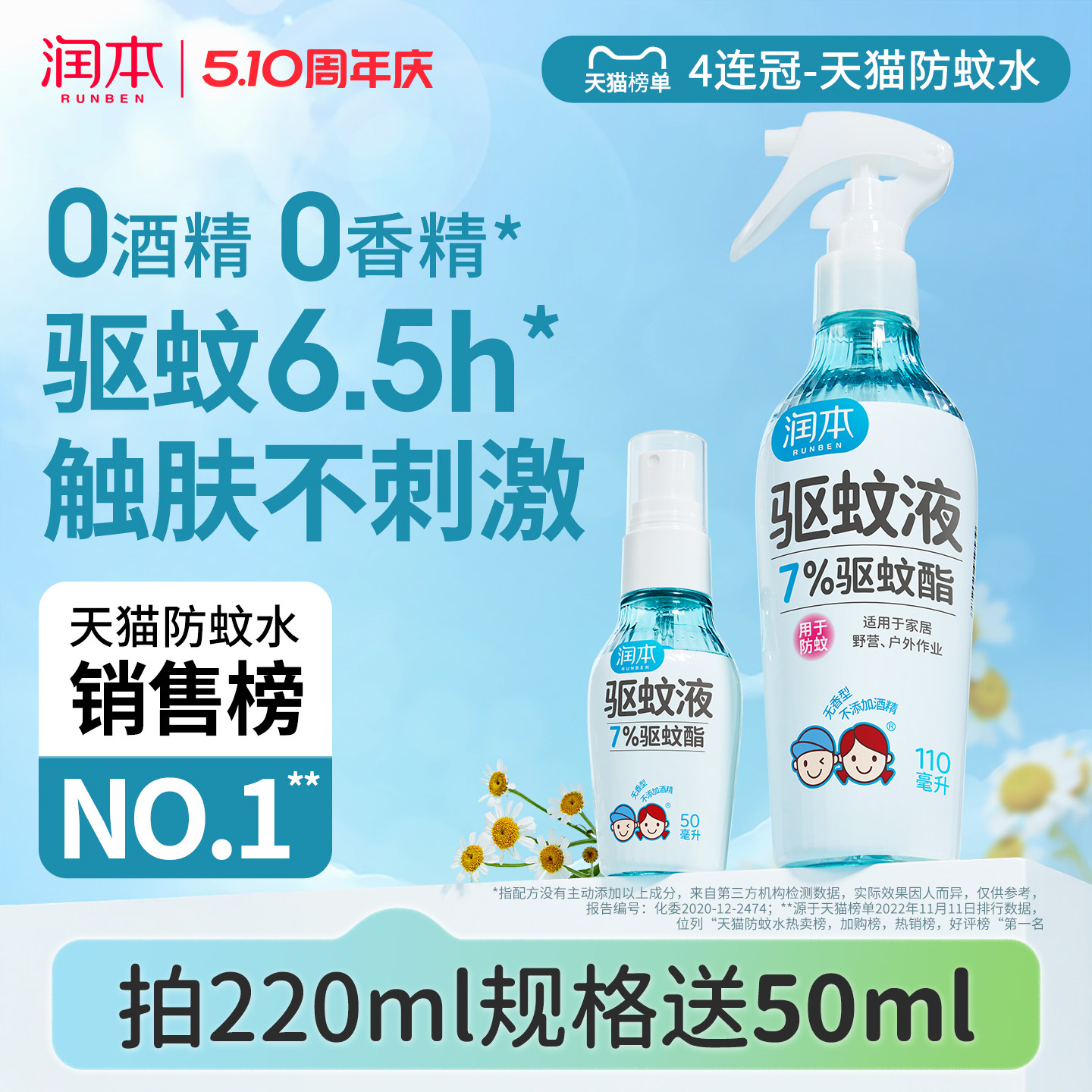 润本驱蚊液防蚊喷雾户外专用驱蚊水蚊怕水花露水 儿童宝宝精油贴