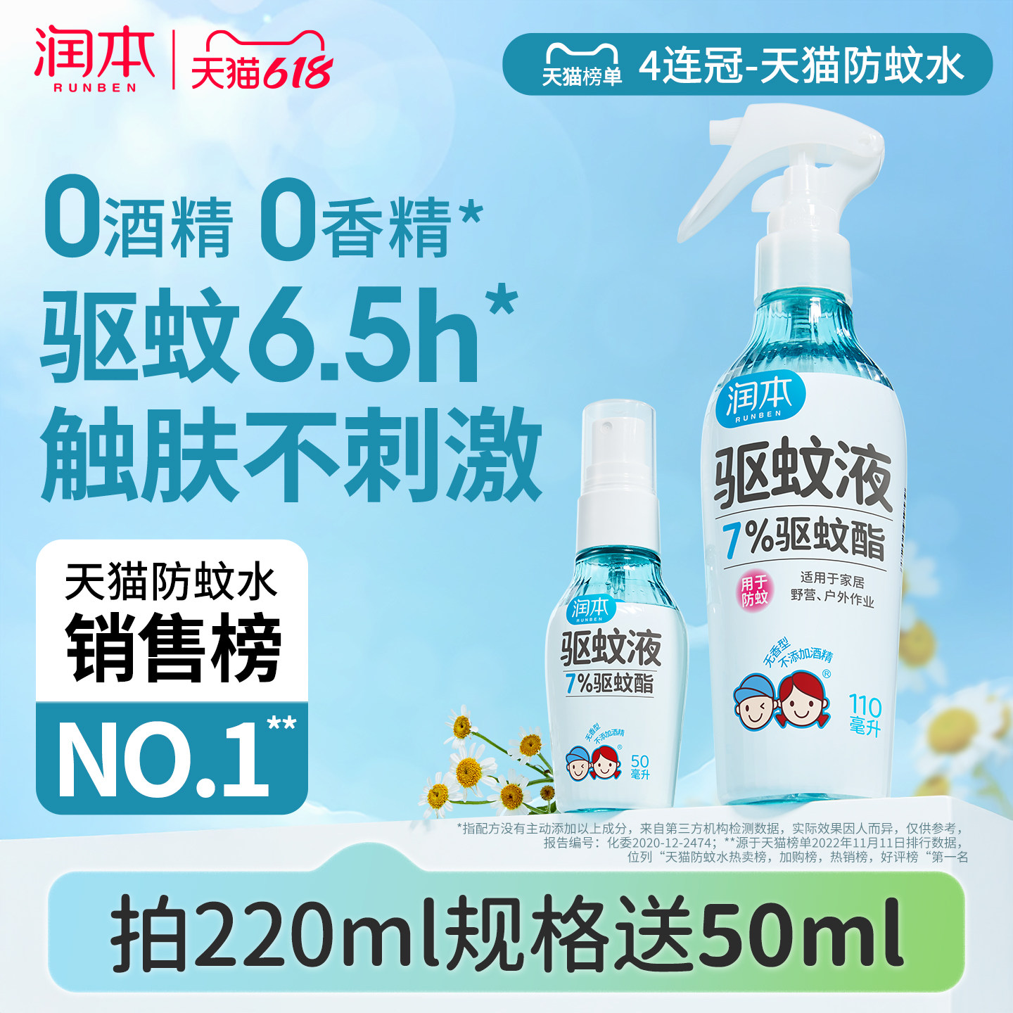润本驱蚊液防蚊喷雾户外专用驱蚊水蚊怕水花露水 儿童宝宝精油贴