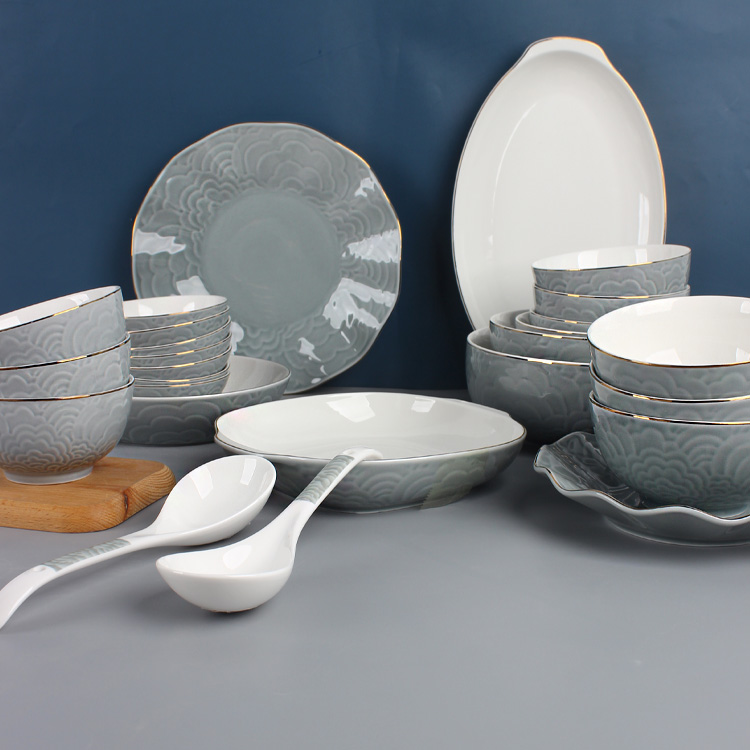 家用碟子碗套装散件陶瓷碗简约仿古轻奢陶瓷餐具裕行祥云金边鱼盘,餐饮具,碗,淘宝优惠券,粉丝福利购,淘宝优惠卷