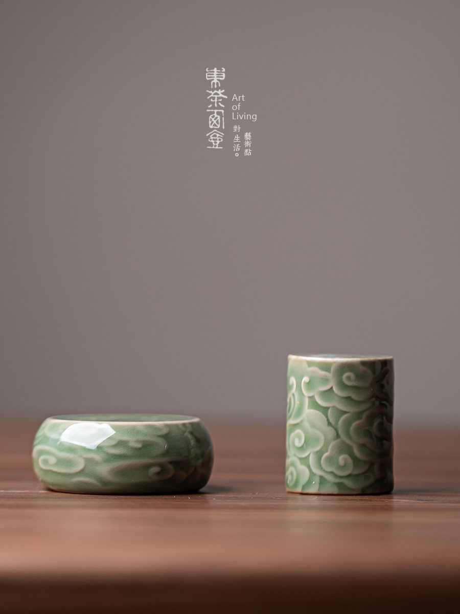 青瓷浮雕祥云盖置手工青瓷盖架盖承功夫茶具茶壶盖茶道