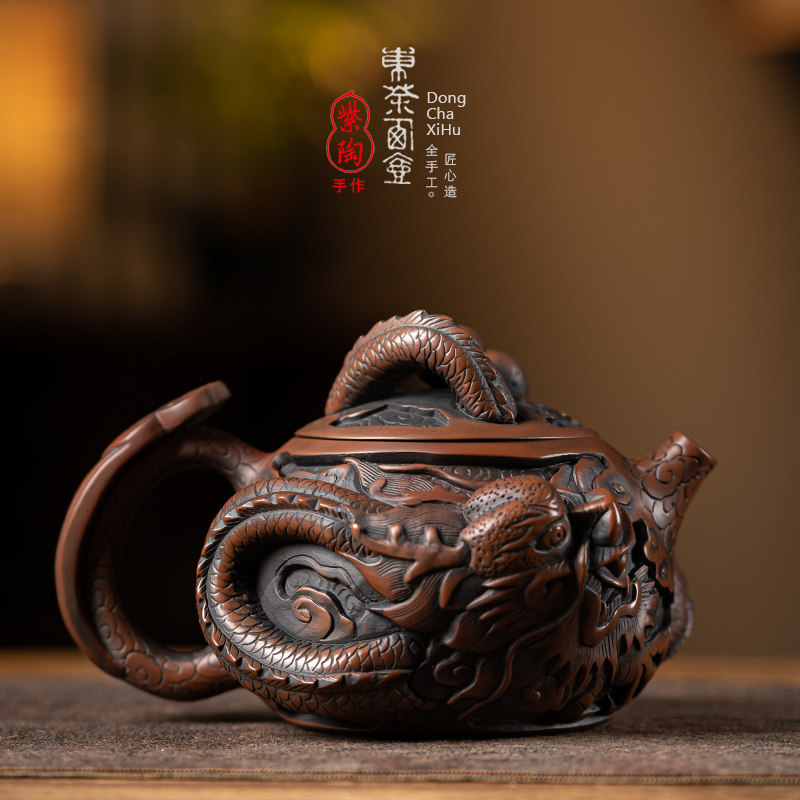 建水紫陶茶壶全手工堆雕蟠龙在天西施壶黄洪华手作立体重工泡茶器