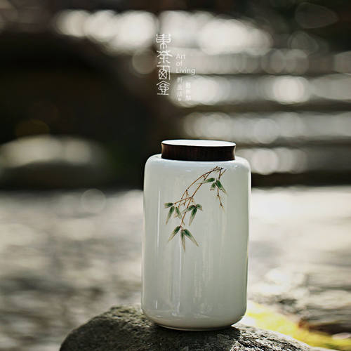 陶瓷茶叶罐大号黑檀木盖子密封罐家用白茶绿茶防潮储茶罐手绘茶仓 - 封面