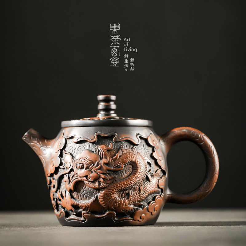 云南建水紫陶壶陶制全手工茶壶深雕祥龙腰鼓壶功夫茶具手作泡茶器