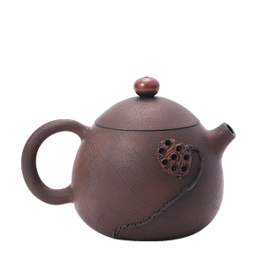 建水紫陶茶壶手工堆雕莲蓬龙蛋壶手拉坯菩提叶脉纹功夫茶具泡茶器