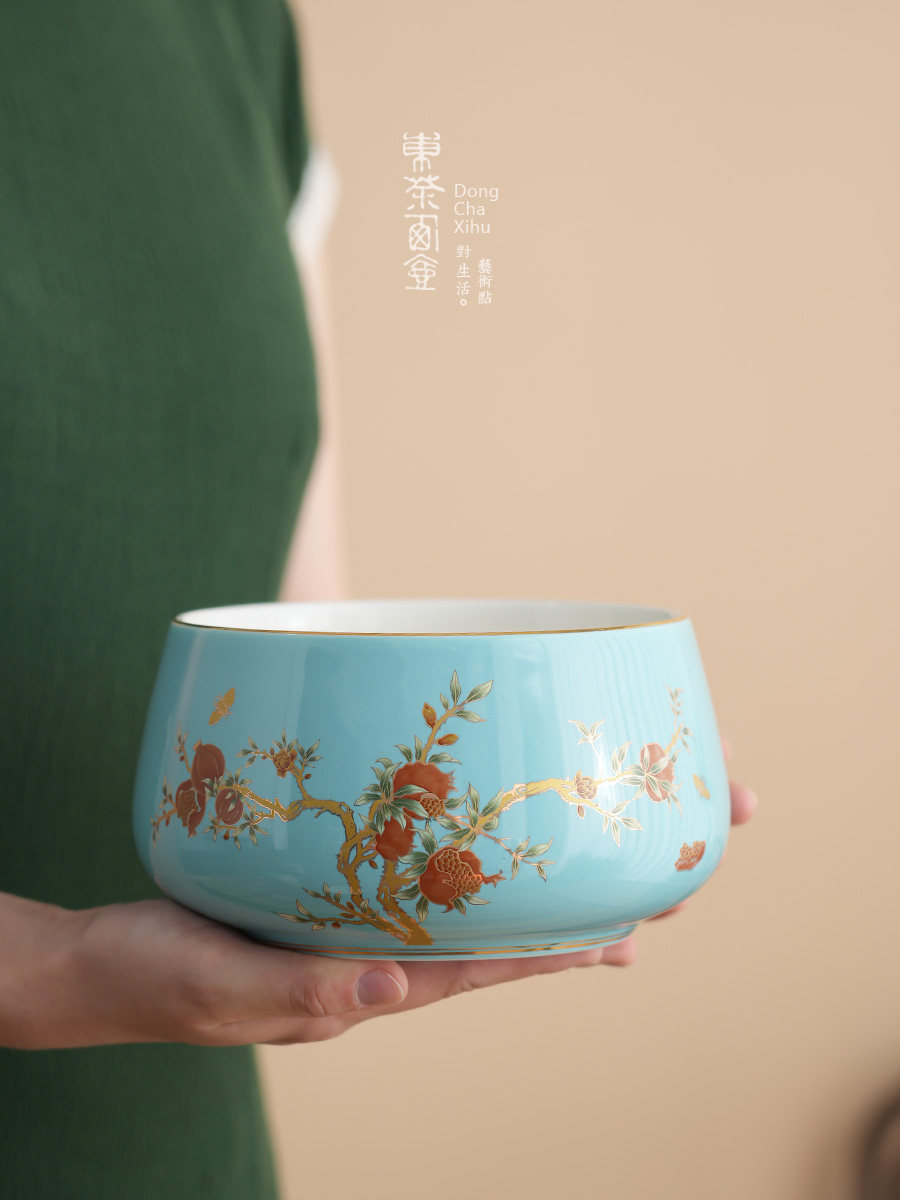 西湖蓝釉茶壶陶瓷洗茶缸大水碗茶碗茶杯储存内置水烟灰缸茶渣桶洗