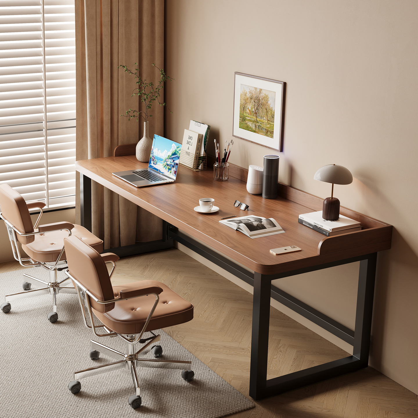 带围挡实木双人书桌家用电脑桌大板办公桌简约工作台两人电竞桌