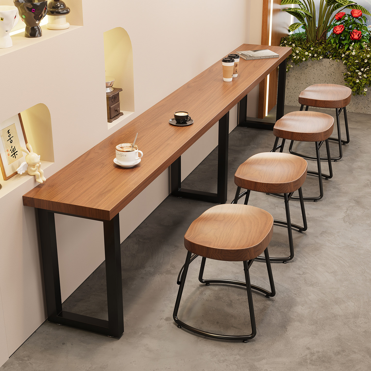 咖啡厅奶茶店吧台桌靠墙窄长条桌子商用小吃烧烤饭店实木餐桌椅