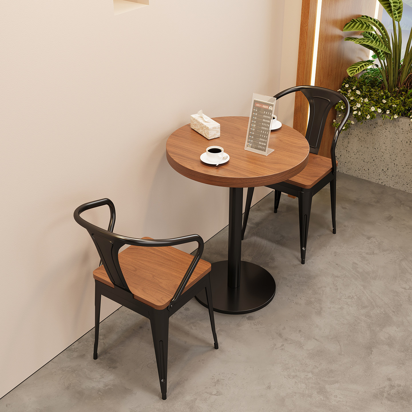 奶茶店小圆桌桌椅组合商用咖啡厅甜品店铁艺靠背餐桌椅子套装