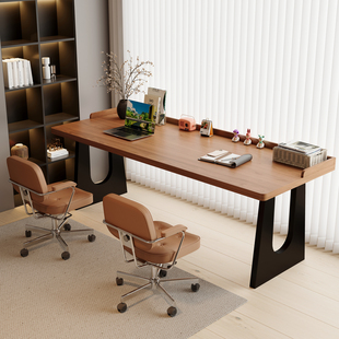 U型实木双人书桌带围挡家用长条桌卧室写字桌中古风电脑桌办公桌