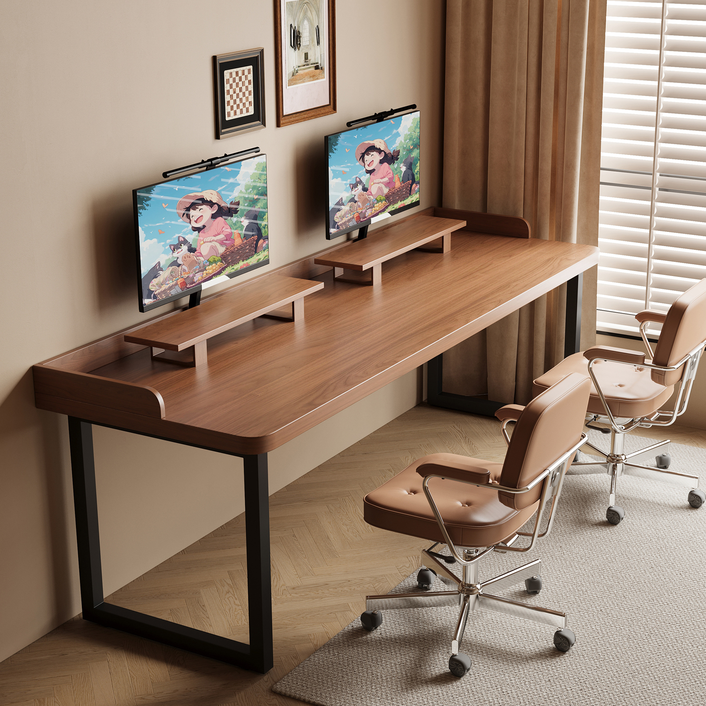 带围挡实木双人电脑桌家用书桌卧室中古风长条桌家用学习桌办公桌