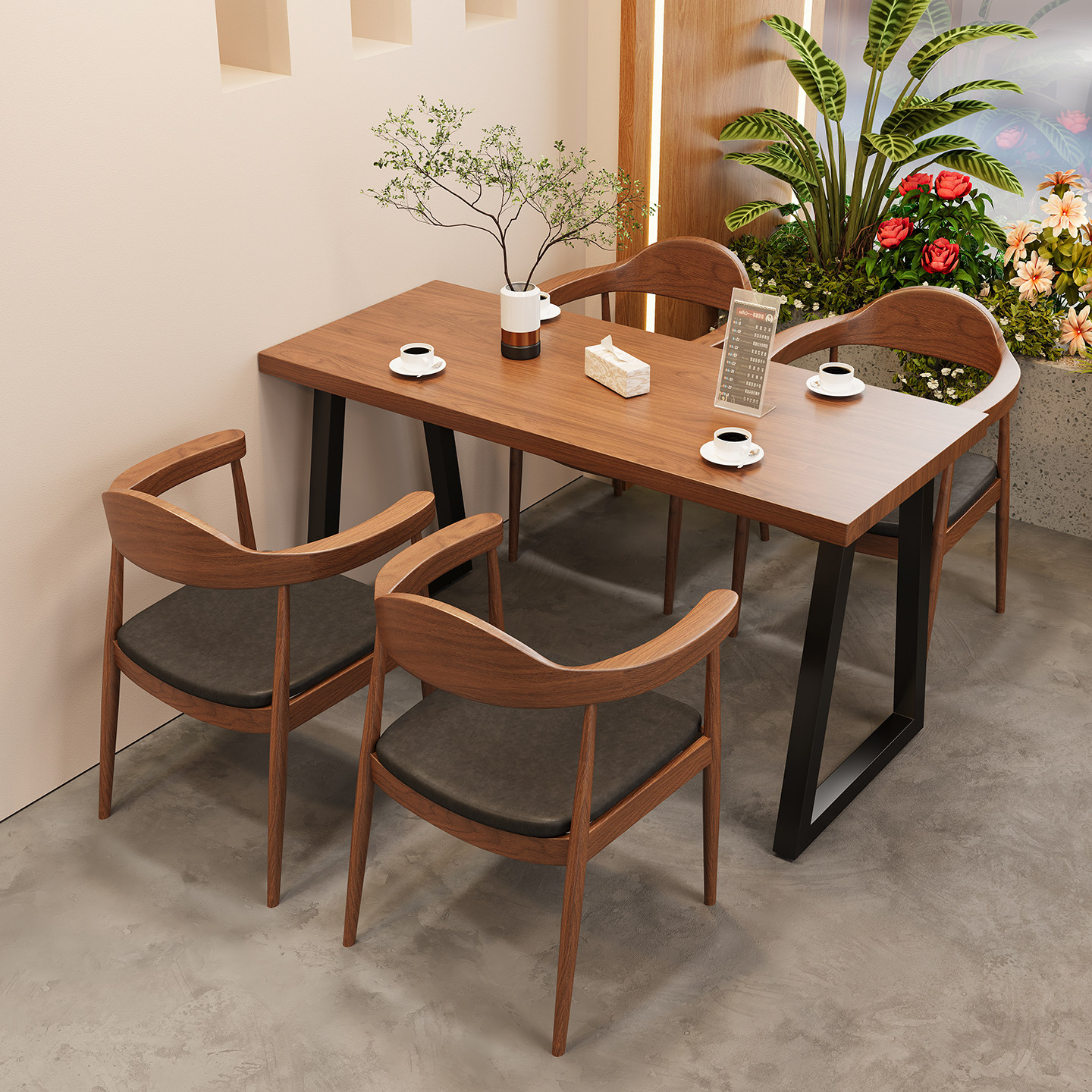 实木方形餐桌椅组合网红奶茶店咖啡厅商用桌子家用复古长方形饭桌
