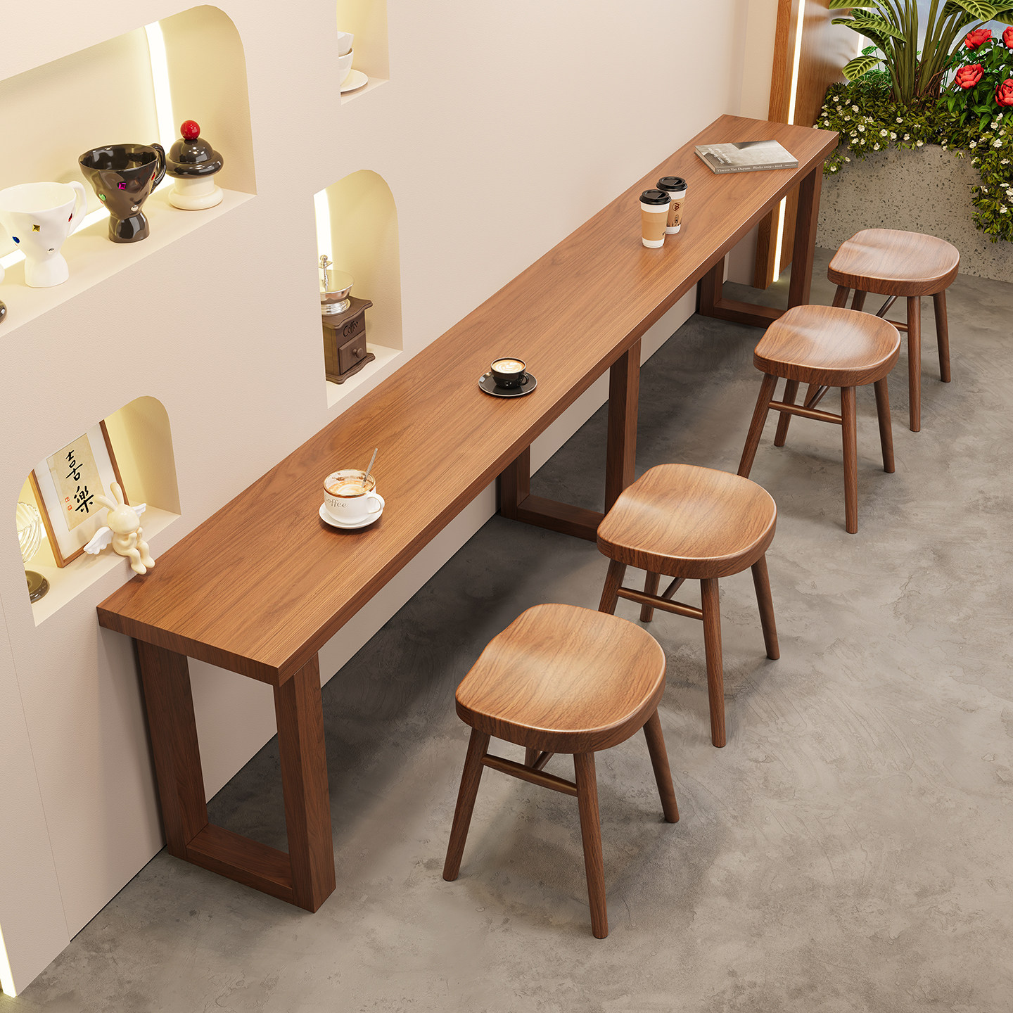 咖啡馆吧台桌餐厅靠墙全实木长条窄桌商用奶茶小吃店面馆餐桌椅
