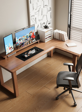 纯实木口字腿转角书桌家用L型电脑桌办公写字学习桌卧室工作台