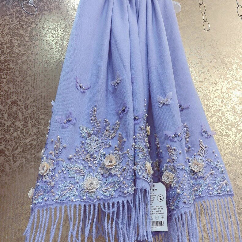 秋冬超重工钉珠满身立体绣花花朵厚实大披肩纯羊毛围巾女180*30
