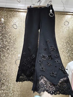高端女神 仙女奢华立体珍珠花朵蕾丝立体花朵花瓣显瘦喇叭九分裤